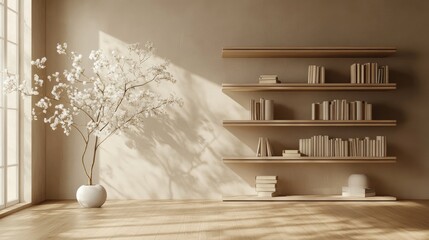 Poster - Minimalist bookshelf with neutral decor and white tree branch in serene space enhancing harmony and nature on elegant wooden floor