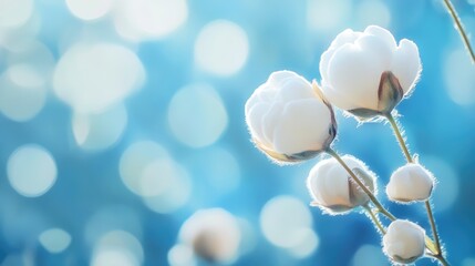 Poster - cotton flower delicately highlighted against a blurred blue background embodying nature's softness a