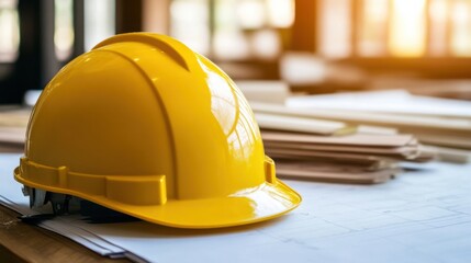 Wall Mural - Yellow hard hat resting on blueprints in a well-lit construction office with tools nearby