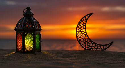 Poster - Lantern and crescent moon on sand at sunset. Lantern with colorful glass and crescent moon silhouette on the beach at sunset
