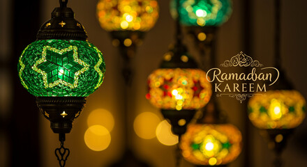 Poster - Ramadan lantern with green mosaic glass and other colorful lanterns hanging as holiday decor. Ramadan Kareem text is visible on the right side of the image