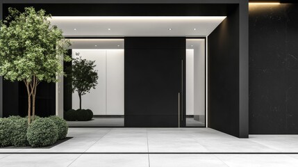 Poster - Sophisticated modern architectural entrance design in black and white featuring minimalist elements and empty copyspace for text.