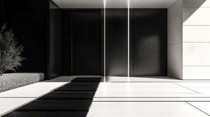 Poster - sophisticated black and white architectural entrance with modern design and ample copyspace for text