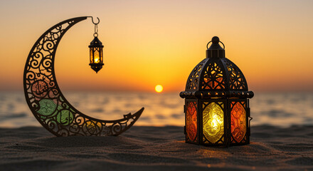 Poster - Lantern and crescent on the beach at sunset. Decorative lantern and crescent moon on the sand near the sea at sunset