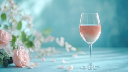 Aufkleber - Rose Petals in Sparkling Wine Glass Surrounded by Fresh Flowers on Pastel Blue Table for Elegant Celebrations