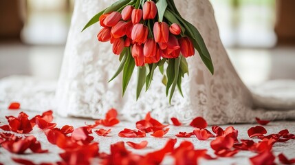 Aufkleber - Elegant bridal bouquet of red tulips surrounded by rose petals on a soft white background, emphasizing romance in wedding photography.