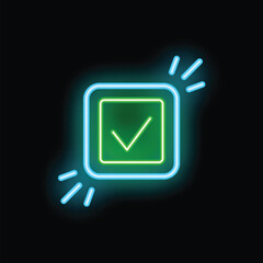 Poster - Bright green check mark glowing inside a blue rounded square with neon light rays emanating out on a black background