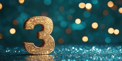 Aufkleber - Elegant golden number three on festive teal bokeh background with glimmering lights and ample copy space for creative text insertion