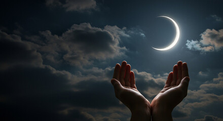 Poster - Hands reaching for crescent moon in night sky. Hands under moonlight with dark clouds. Crescent moon over hands in dark night sky