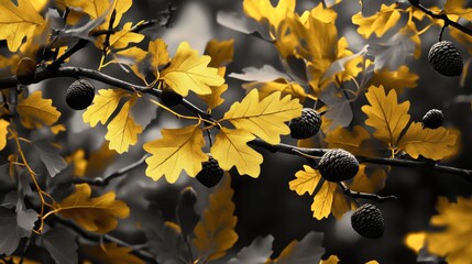 Poster - Vibrant autumn foliage with yellow leaves and brown acorns creating a monochromatic backdrop and ample space for text overlay.