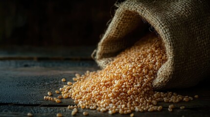 Aufkleber - Sack of spilled wheat grains on rustic wooden surface showcasing natural food texture and organic farming concept.
