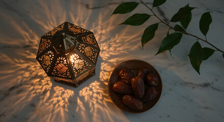 Poster - Decorative lamp with dates plate on marble surface. Lamp with shadows and dates on plate