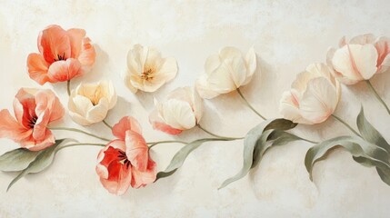 Aufkleber - Elegant bouquet of rose and cream tulips gracefully arranged on a soft white background showcasing natural beauty and tranquility