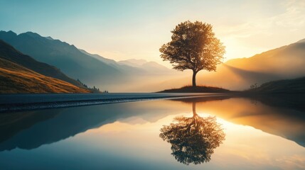 Poster - serene sunrise reflection of lone tree on mountain road with light scattering and expansive copyspac