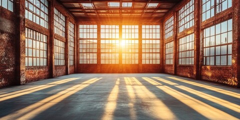 Aufkleber - Industrial Interior with Skylight and Large Windows Casting Shadows on Floor Featuring Warm Natural Light and Expansive Copy Space