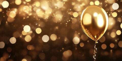 Aufkleber - Elegant Gold Balloon on Bokeh Background with Shimmering Lights and Blank Space for Celebration Text and Party Invites