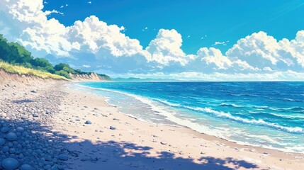 Aufkleber - Serene sandy beach landscape with gentle waves and bright sun illuminating scattered pebbles along the tranquil coastline and vibrant sky.