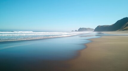 Poster - Tranquil beach landscape featuring soft sands, gentle waves, and a clear blue sky creating a serene coastal atmosphere