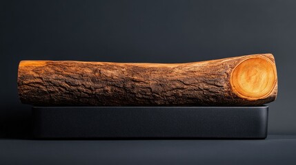 Poster - solid wood log showcased on a sleek black container against a dark background highlighting natural t
