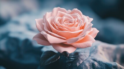 Poster - Delicate pink rose on a textured surface with soft blue background evoking tranquility and elegance in floral design and decor.