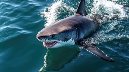Poster - Shark diving experience in vibrant ocean waters showcasing a majestic shark swimming gracefully near the surface