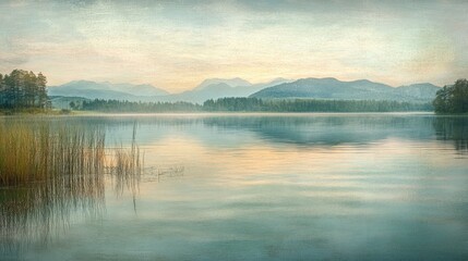 Aufkleber - Tranquil lake landscape with rippling water surface reflecting gentle hues of the sky and distant mountains at dawn