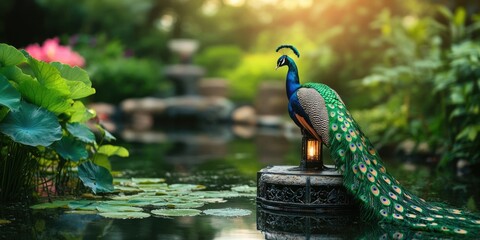 Aufkleber - Elegant Peacock Lantern by Peaceful Garden Pond with Lush Foliage and Tranquil Atmosphere Ideal for Text Overlay