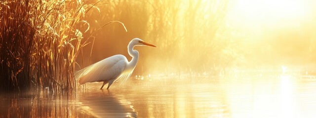 Poster - Egret in serene dawn landscape with water reeds and sunlight reflections creating tranquil atmosphere with empty space for text