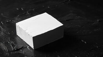 Poster - solid white ink block resting on a dark textured background in artistic composition