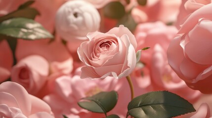 Poster - Elegant pink roses in full bloom with soft petals and lush green leaves creating a romantic and serene floral background.