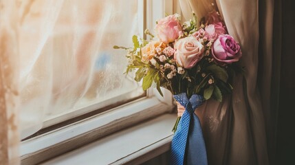 Aufkleber - Elegant bouquet of roses tied with a blue ribbon resting by a sunlit window with soft drapes creating a romantic atmosphere