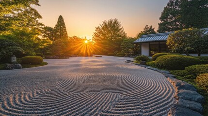 Poster - Tranquil Zen garden at sunset featuring intricately patterned sand and lush greenery, perfect for relaxation and mindfulness.