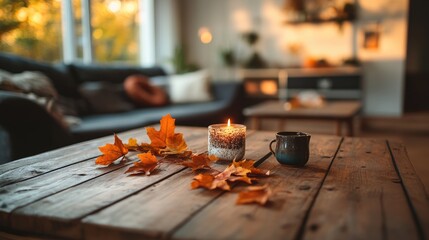 Aufkleber - Cozy living room with rustic wooden table decorated with autumn leaves and candle creating a warm inviting atmosphere