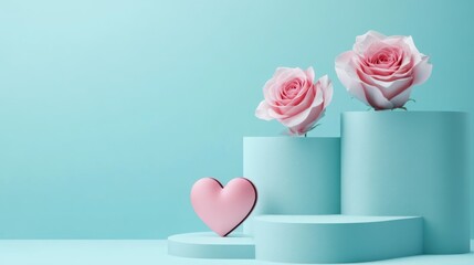 Aufkleber - Roses on pastel blue heart-shaped podiums for Valentine's Day minimalist display with soft colors and modern design elements