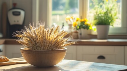 Poster - Rustic bowl of wheat in sunlit kitchen emphasizing bread preparation in a warm, inviting neoclassical interior setting