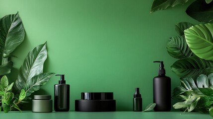 Poster - Elegant Solid Green Background for Product Display with Natural Leaves for Eco-Friendly Branding and Marketing Visuals.