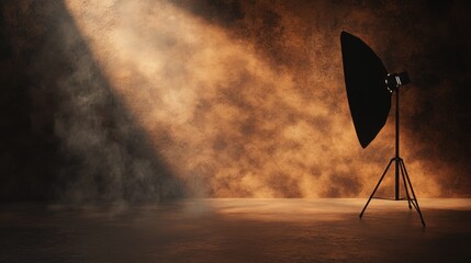 Poster - Rose gold photography studio with dramatic spotlight illuminating a textured backdrop for creative and professional shoots.
