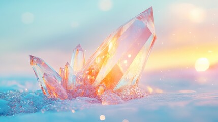 Aufkleber - Close up of quartz crystal reflecting light rays on soft blue bokeh background showcasing minimalistic design trends in digital abstract art
