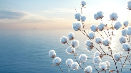 Aufkleber - Cotton tree blossoms illuminated by warm sunlight against a tranquil sky and serene water background