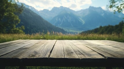 Aufkleber - Rustic wooden table in serene outdoor setting with majestic mountains and lush greenery creating a refreshing and inviting atmosphere