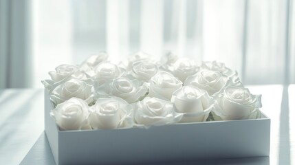 Aufkleber - Elegant white rose bouquet in a chic box against a soft light background showcasing luxury and sophistication in floral design