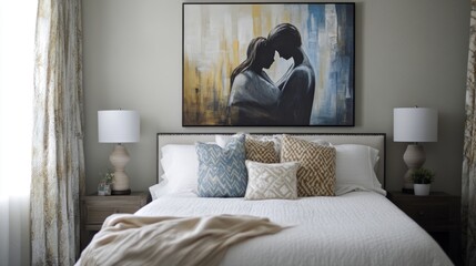 Aufkleber - Serene Bedroom with Cozy Elements and Abstract Artwork Creating a Relaxing Atmosphere