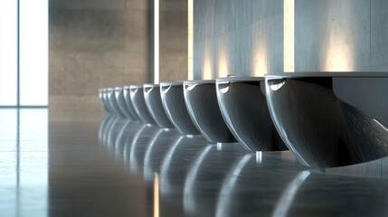 Aufkleber - Modern minimalist restroom featuring a row of sleek toilet bowls with reflective surfaces and contemporary design in a spacious environment.