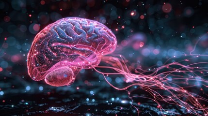 Poster - Vibrant digital illustration of a glowing brain surrounded by abstract light trails and particles