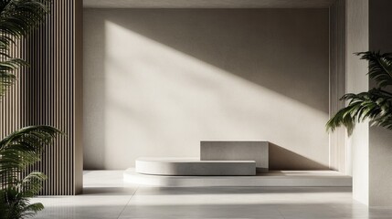 Poster - Contemporary Minimalist Podium Design in a Serene Indoor Space with Natural Light and Greenery