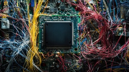 Poster - Sleek computer processor central to a network of vibrant wires and fibers representing advanced technology and connectivity.