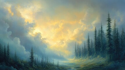 Aufkleber - Tranquil dawn light illuminating a misty forest landscape with vibrant clouds and towering evergreens in a serene natural setting
