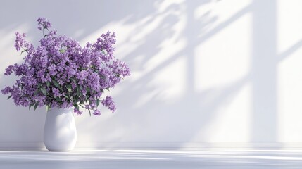 Poster - Interior design poster with lilac pink flowers in vase against white wall, soft shadows and sunlight creating serene atmosphere for promotions.