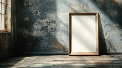 Aufkleber - Sleek empty picture frame leaning on rustic wooden floor in a sunlit room with textured walls and dramatic shadows