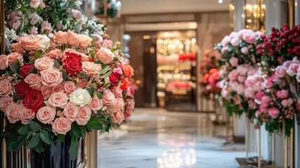 Aufkleber - Elegant Rose Boutique Aisle Featuring Lavish Floral Arrangements in Stylish Vases